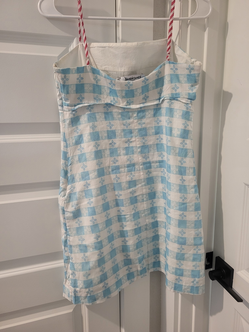 Rachel Antonoff Blue and White Gingham Mini Dress with Orange Cocktail Print - Picture 2 of 3